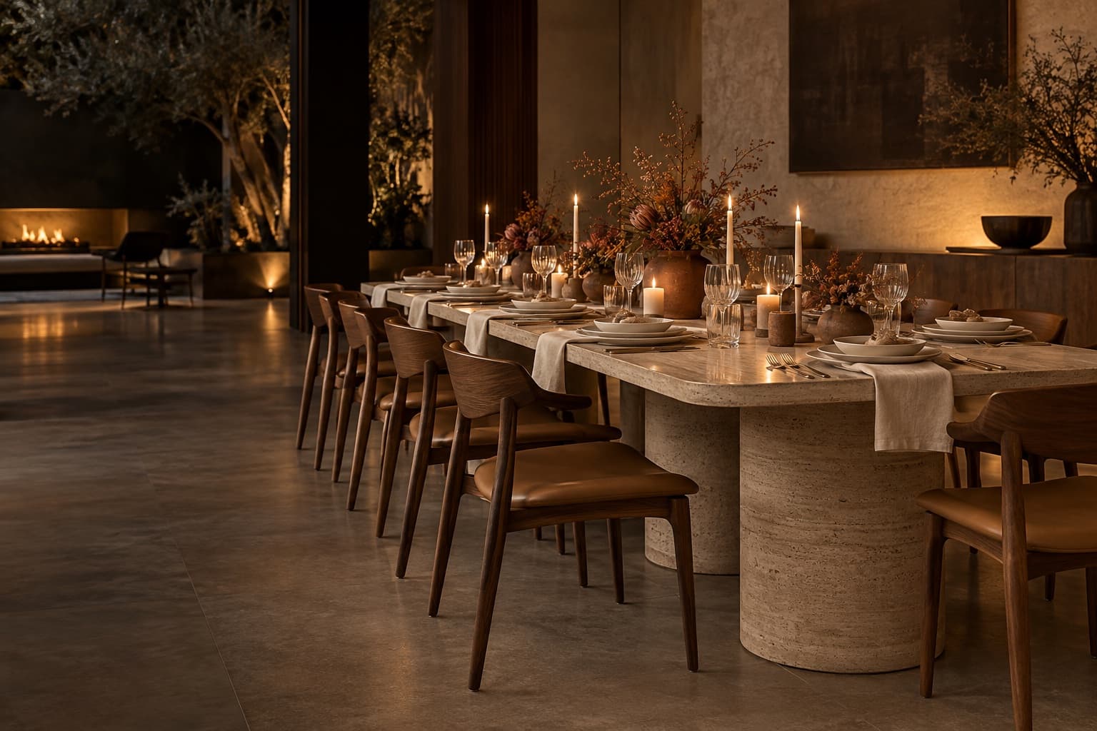Ambientação elegante de evento com mesa, cadeiras, louças e decoração